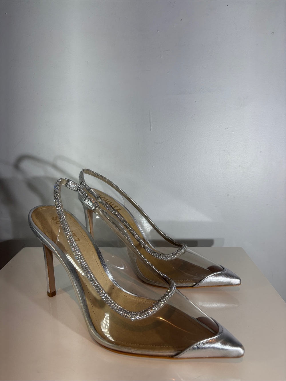 Schutz Audrey Crystal Slingback Pumps Silver Clear PVC Pointed Toe Heels Sz 7B